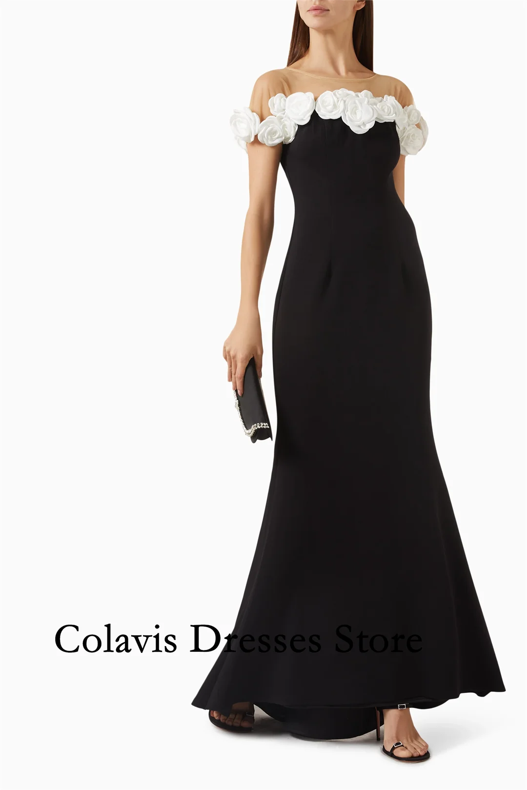 

2025 Customized White Flowers Short Sleeves Mermaid Crepe Prom Dresses Evening Dress Women Evening Gowns Formal Party Dress