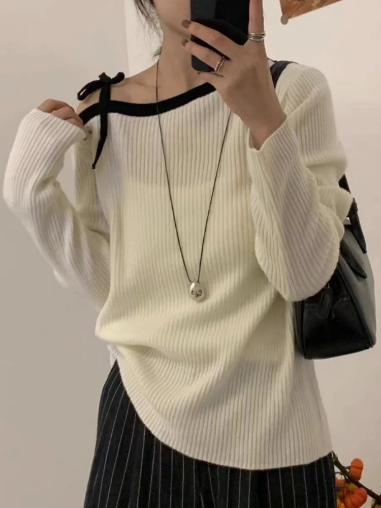 Fashion Autumn Women Knitted Top Fall Pullover Off-shoulder Sweater Elegant Korean Style Knitwear Long Sleeve Casual Clothing