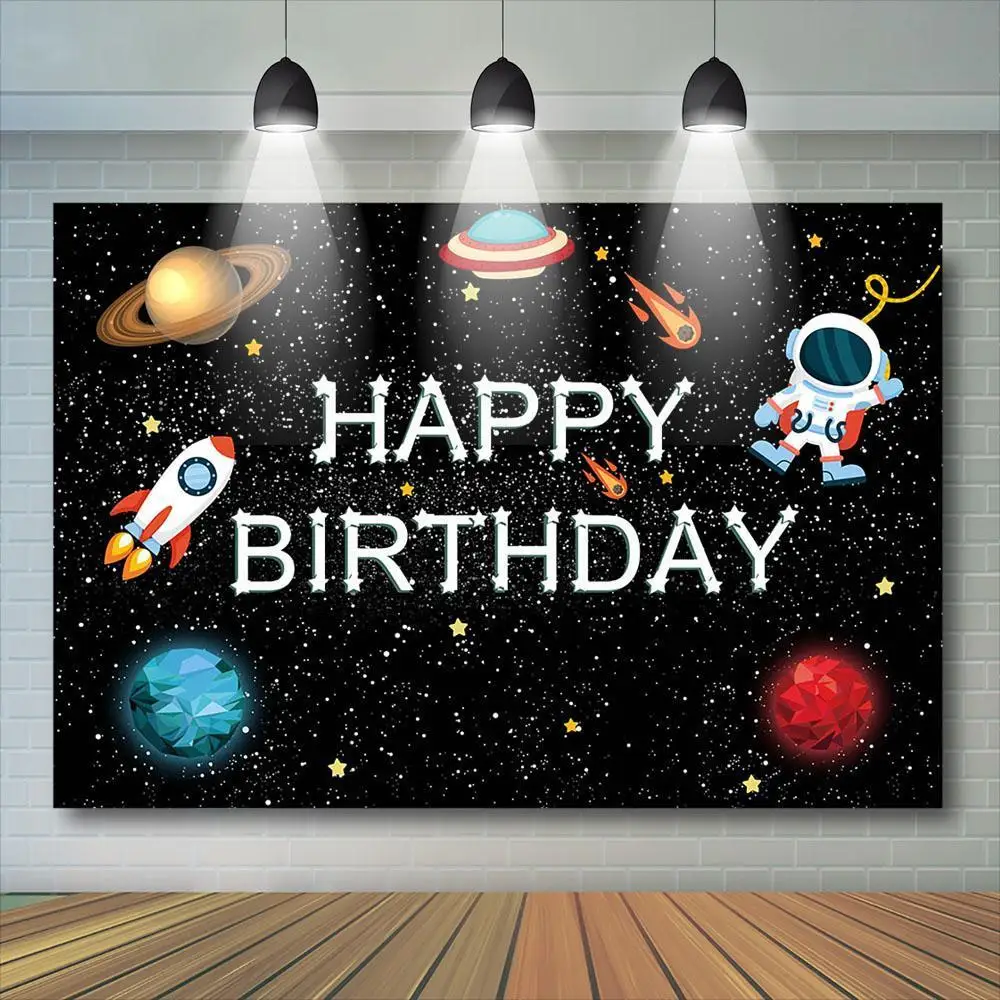 

Universe Adventure Birthday Backdrop Spaceship Astronaut Boy Birthday Photography Background Outer Space Planet Decor Banner