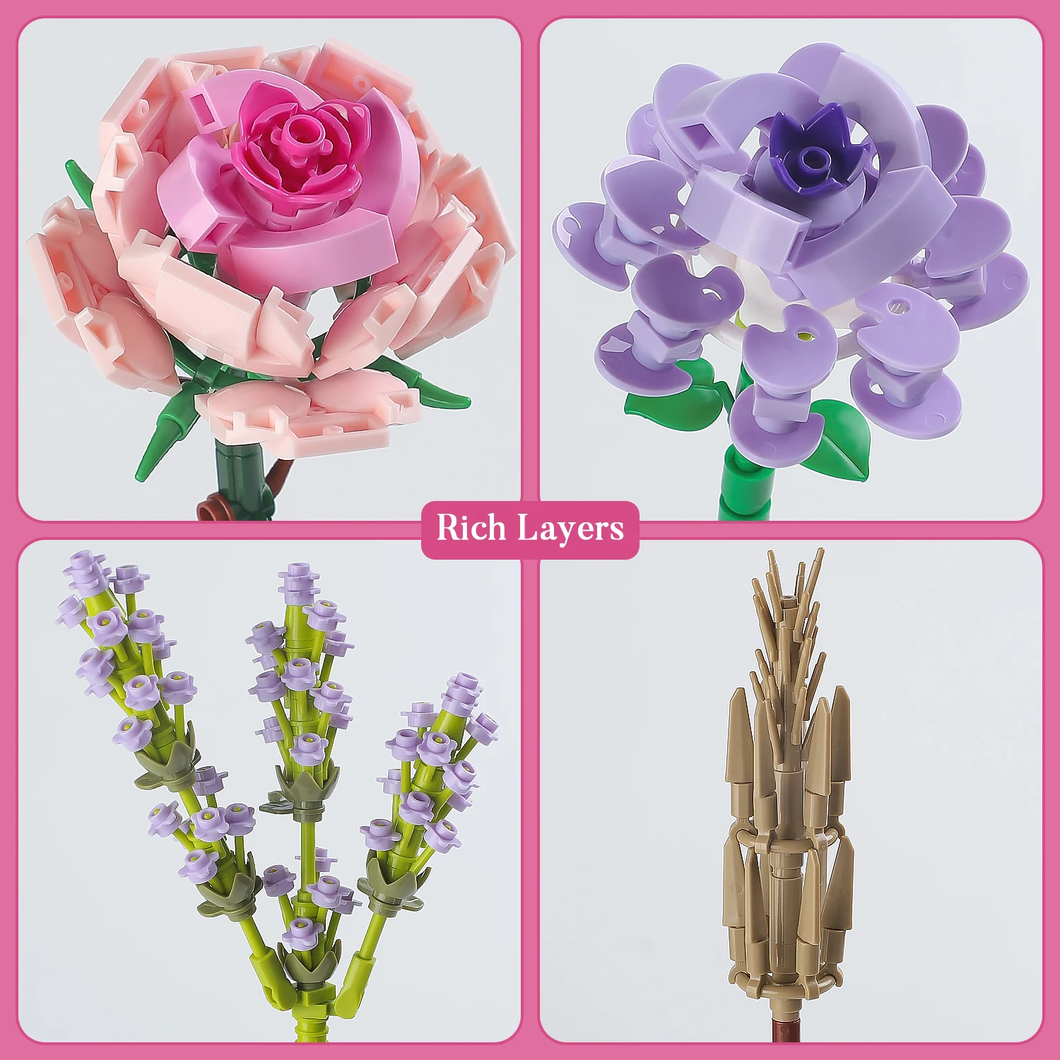 Flower Bouquet Mini Pink Rose Lavender 547pcs Building Block Sets Creative Home Decor Toys Kits Aniversary Gifts with Box