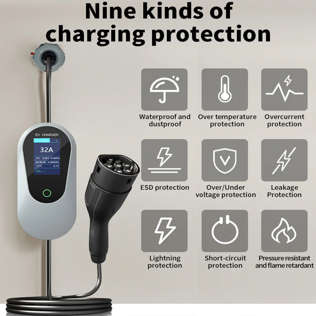 Type-2 Portable EV Charger 22KW 32A Type2 Electric Car Charger 3Phase Fast Charging Cable Bluetooth WiFi Control