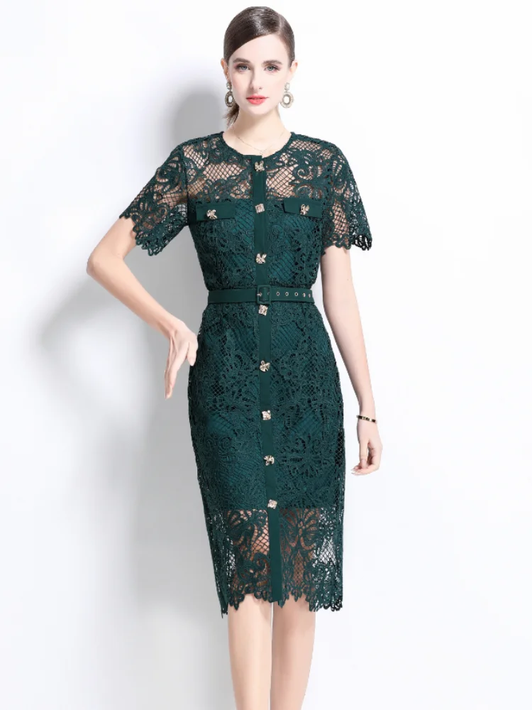 SMTHMA Fashion 2026 New Spring Short Sleeve Midi Lace Dresses for Women Single Breasted Aline Holiday Party Dress Female Vestido