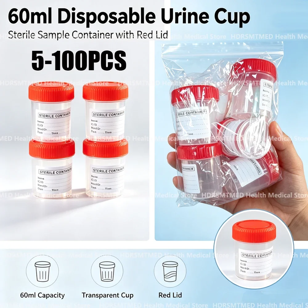 5-100Pcs 60ML Disposable Plastic Urine Collection Sample Cup Specimen Bottle Container for Medical Use Lab Sample Storage