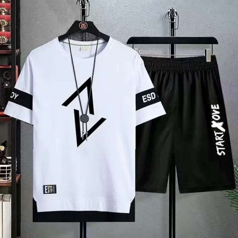 New Best-selling Men's Fashionable Sports Casual Short Sleeved T-shirt+shorts Two-piece Set of Fashionable Retro Street Set