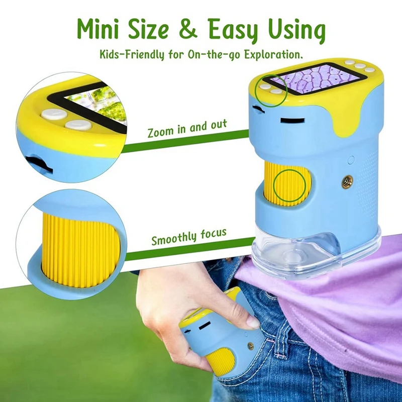 مجهر رقمي محمول للأطفال مع شاشة عالية الدقة 2 بوصة، مجهر جيب 200-1000X، هدية تعليمية للأطفال