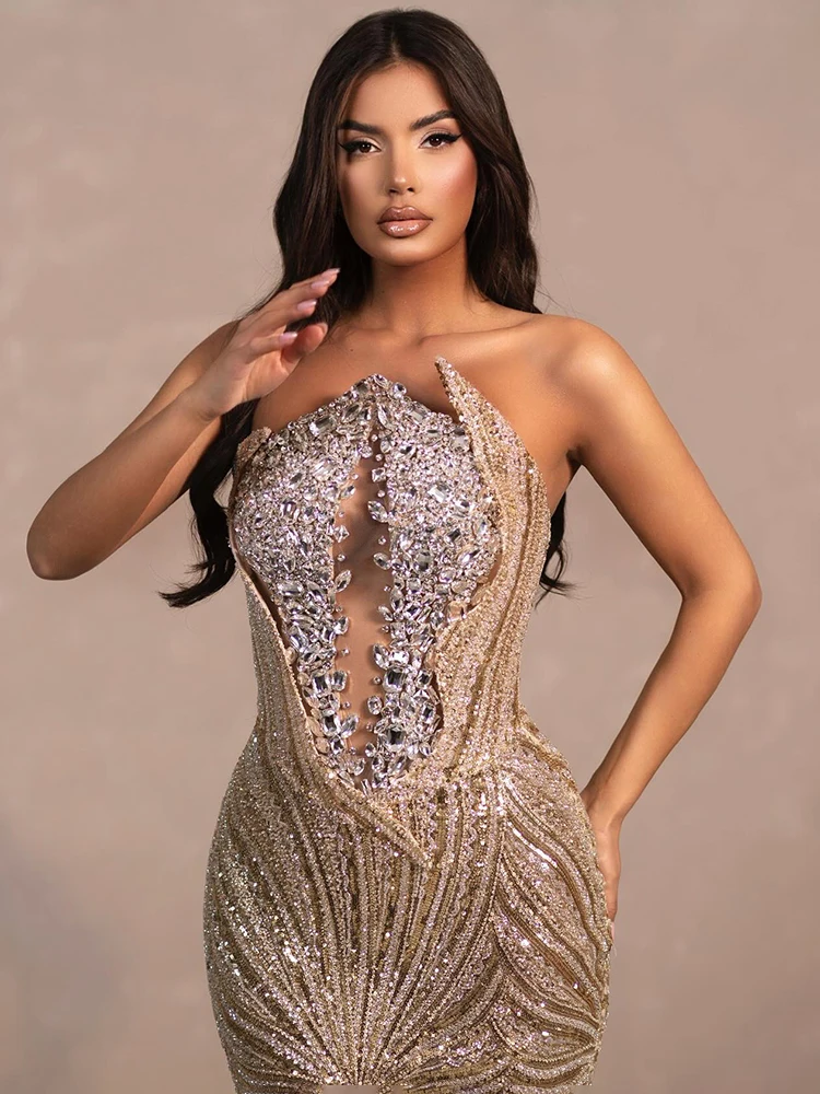 VC Strapless Diamonds Beaded Bodice Long Dress Patchwork Geomertical Pattern Color Block Hollow Out Party Evening Gown