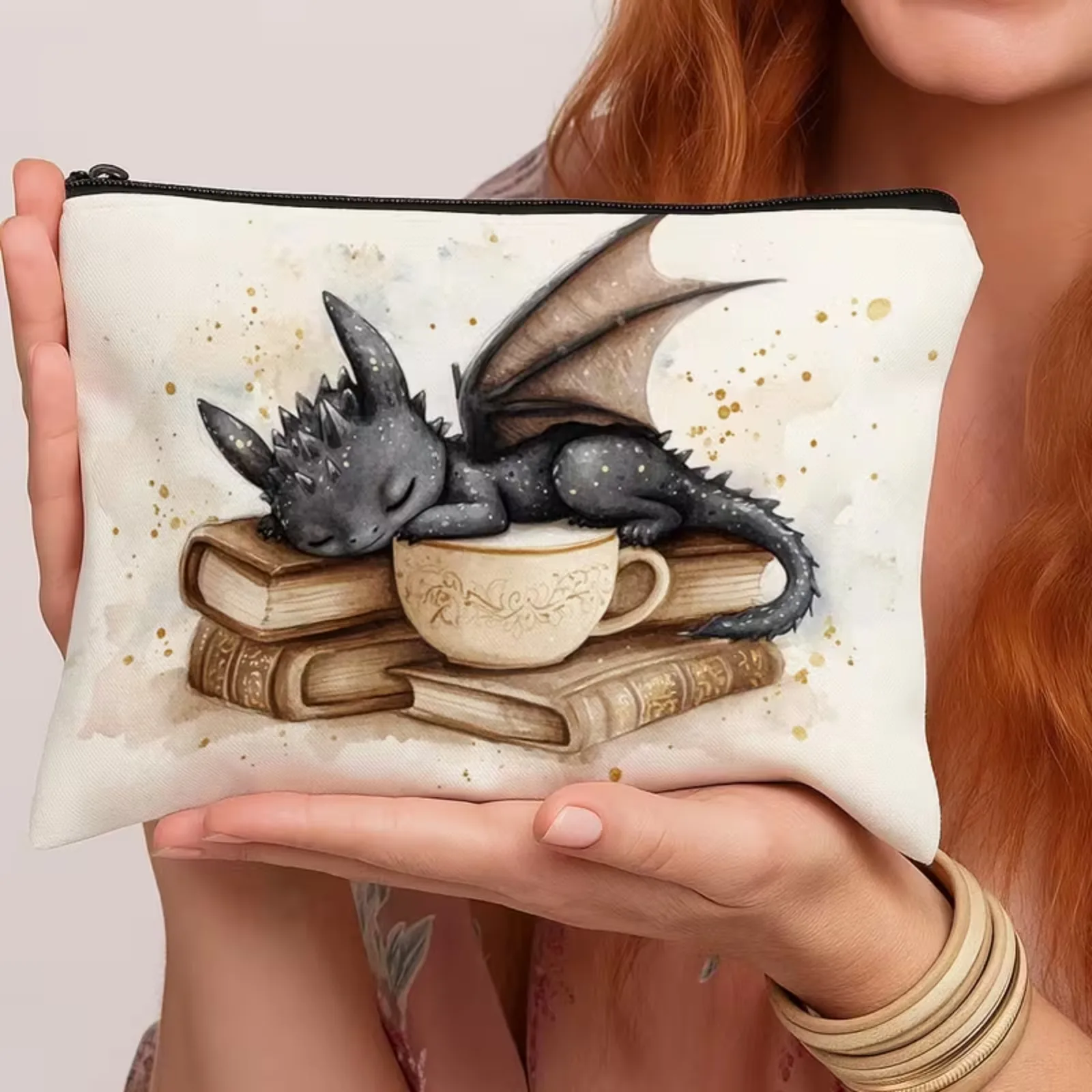 Book Lover Coffee Fantasy Gift Canvas Cosmetic Bag Cute Sleeping Black Dragon Zipper Makeup Pouch Travel Toiletry Bag for Women