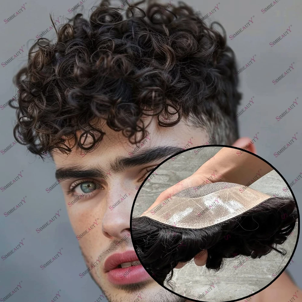 

Super Durable Fine Mono Curly Human hair Men's Toupets 12mm 15mm 18mm 20mm Options 100% Human Hair Breathable Fine Mono Male Wig