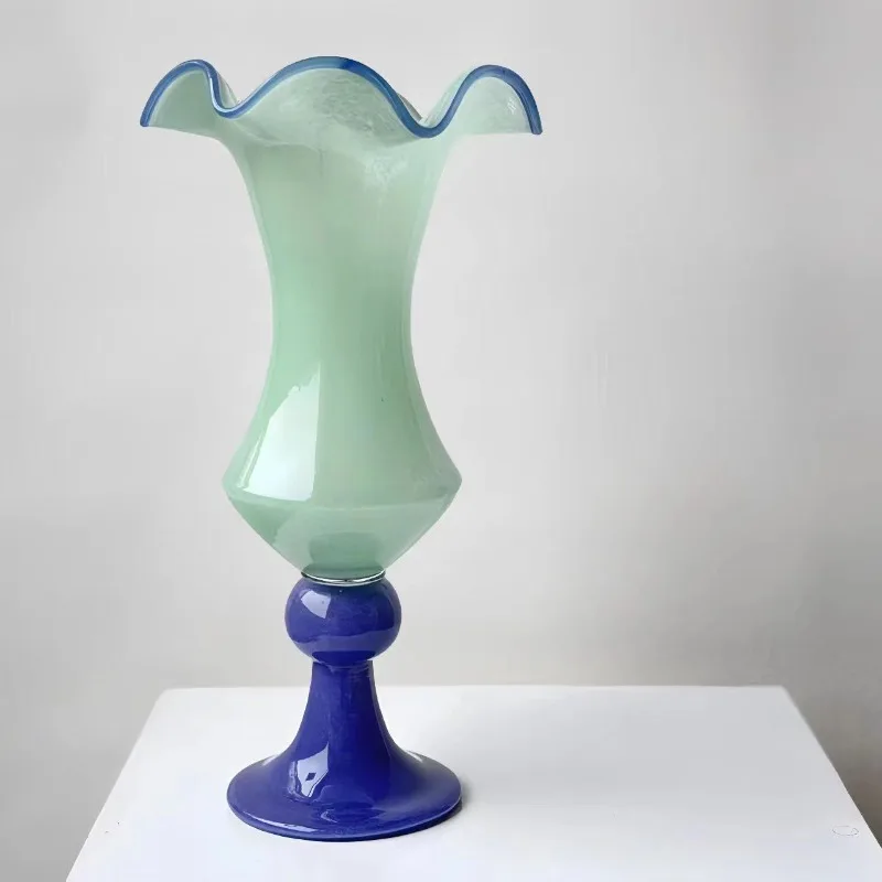 Medieval lotus leaf lace wind lamp green base high wabi sandy wind home color matching glass vase simple European collection