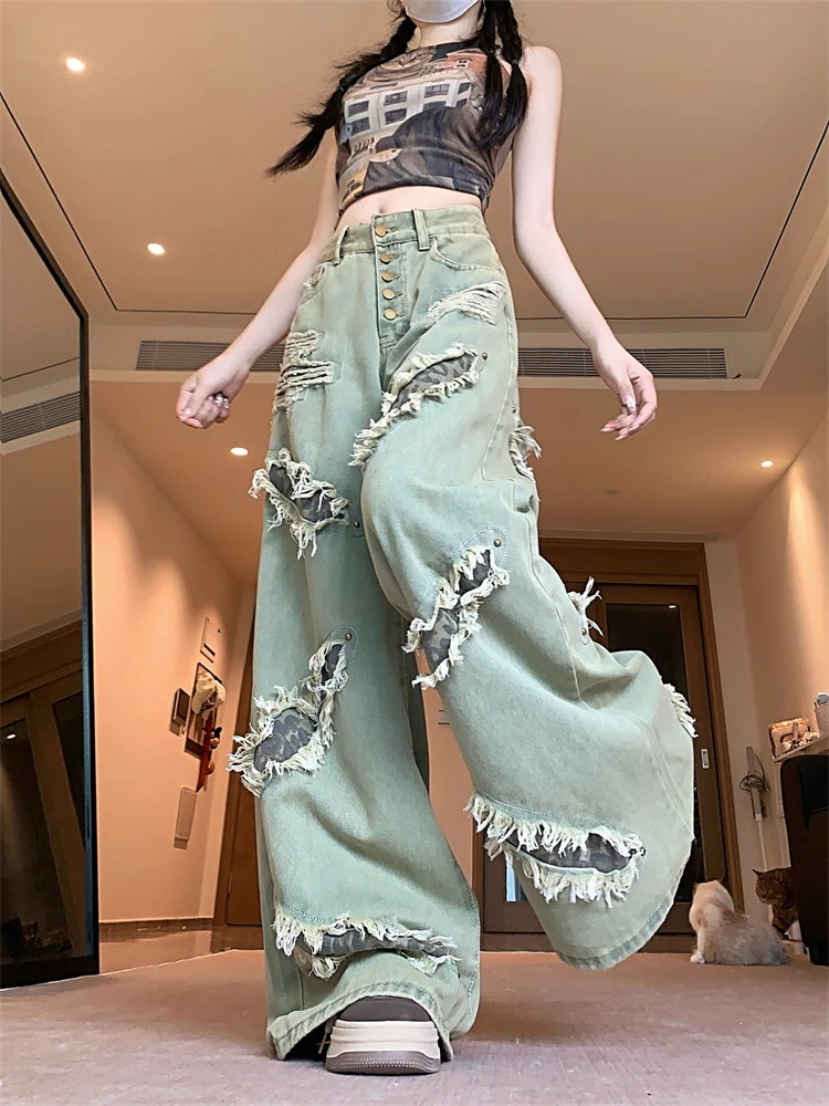 

Women's Leopard Print Patchwork Design Street Jeans Cool Girl Casual Bottoms Female Trousers High Waist Wide Leg Pants