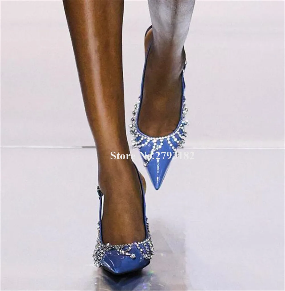 Bling Bling Rhinestones Chains Decorated Stiletto Heel Pumps Pointed Toe Blue Wine Red Patent Leather High Heels