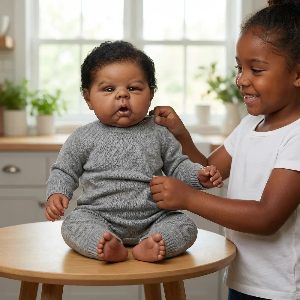 

20" Gounchi IN Dark Skin Reborn Baby Doll with Black Curly Hair Soft Cloth Body Lifelike Newborn baby Dolls Handmade Doll Toys