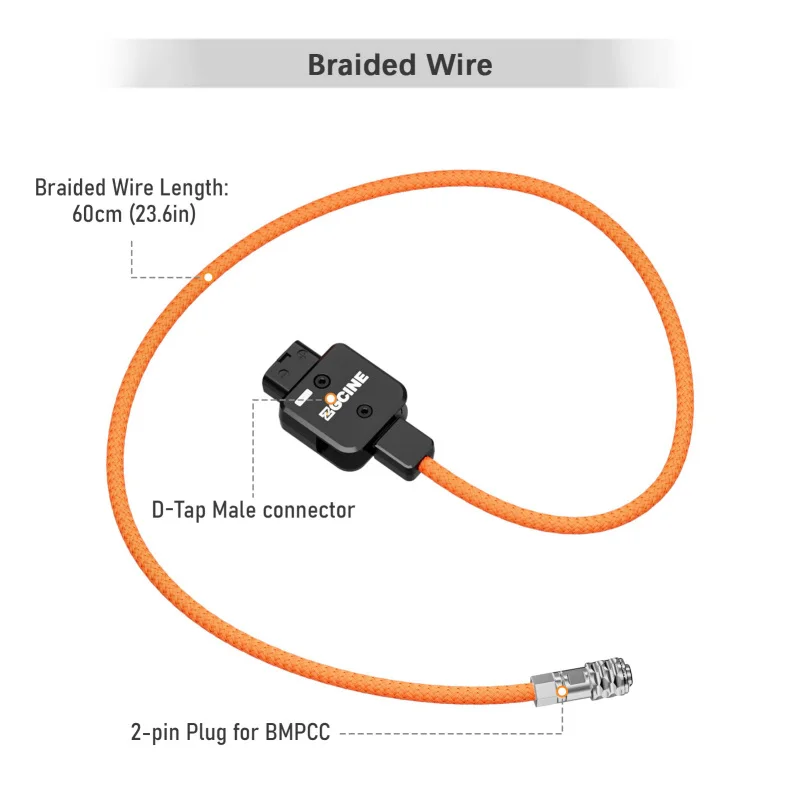 ZGCINE DT-BMD D-Tap to 2-Pin BMPCC Power Cable 60cm 180°Rotatable with Braided Wire for Blackmagic Pocket Cinema Camera 4K 6K