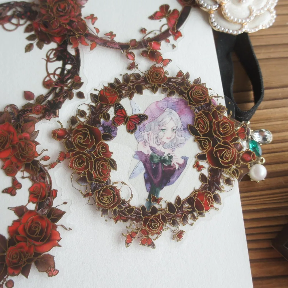 

10 Pcs Gold Line Romantic Rose Vine Frame Style PVC Sticker Scrapbooking DIY Gift Decoration Tag