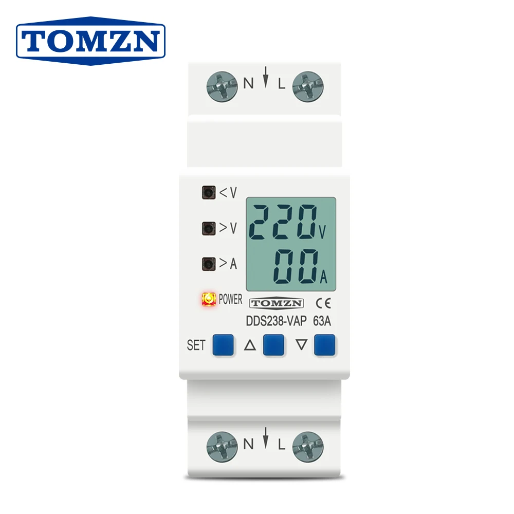 TOMZN 63A 80A 110V 230V Din rail adjustable over under voltage protective device protector current limit protection with Kwh