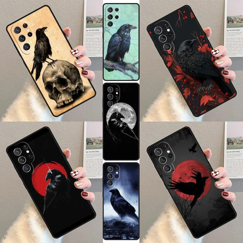 Crow Raven Dark Skull Phone Case For Samsung Galaxy S23 S21 S20 FE S24 S22 Ultra Note20 S10 S9 S8 Plus Silicone Cover