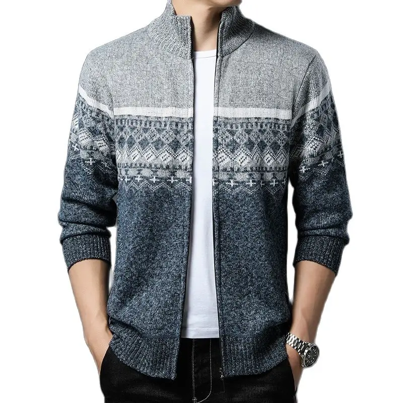 

Autumn Winter Korean Style Men Patchwork Cardigan Sweaters Men's StCollar Sweater Coat Zipper Knitted Jacket Male 8837