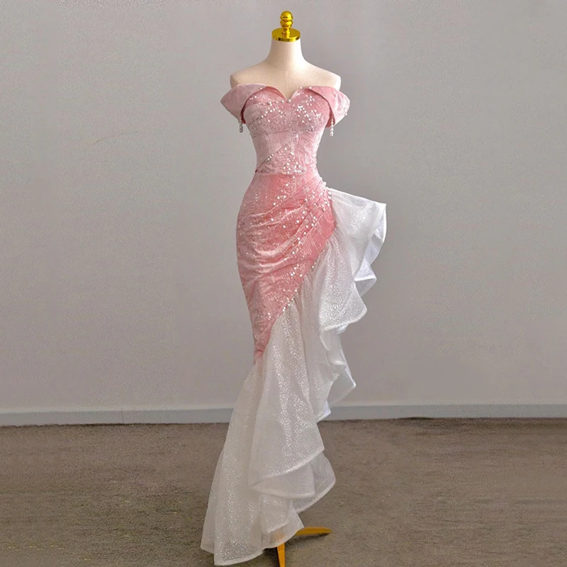 

Pink Sequin Irregular Mermaid Evening Dress Women 2023 Luxury Sparkling Pearl Tassel Prom Dresses Elegant Lace Up Party Gown