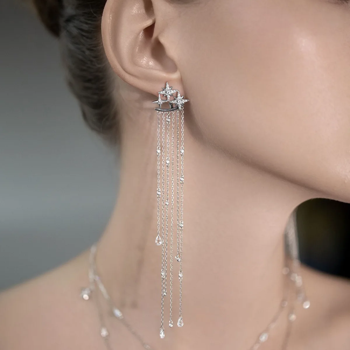 F.I.N.S 925 Sterling Silver Eight-Pointed Star Tassel Stud Earrings Luxury Front and Back Piercing Drops Pendant Fine Jewelry