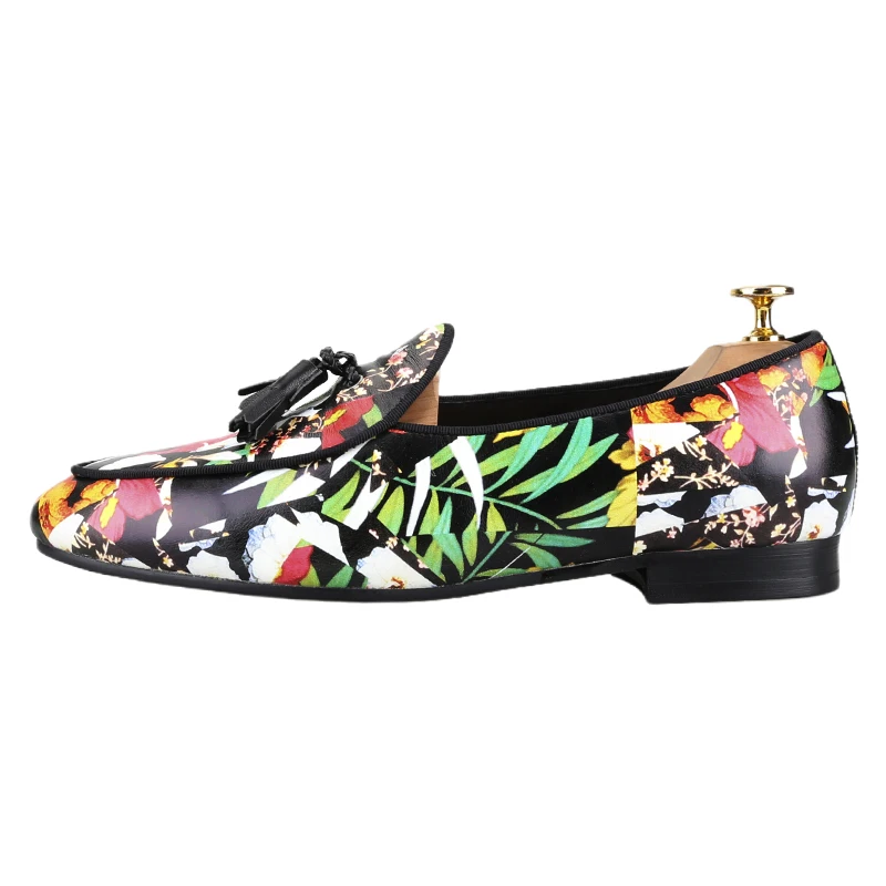Piergitar Tropical Rainforest Printed Calfskin Men's Loafers With Handmade Leather Fringes Slip-On Slippers For Pary And Prom - view 2