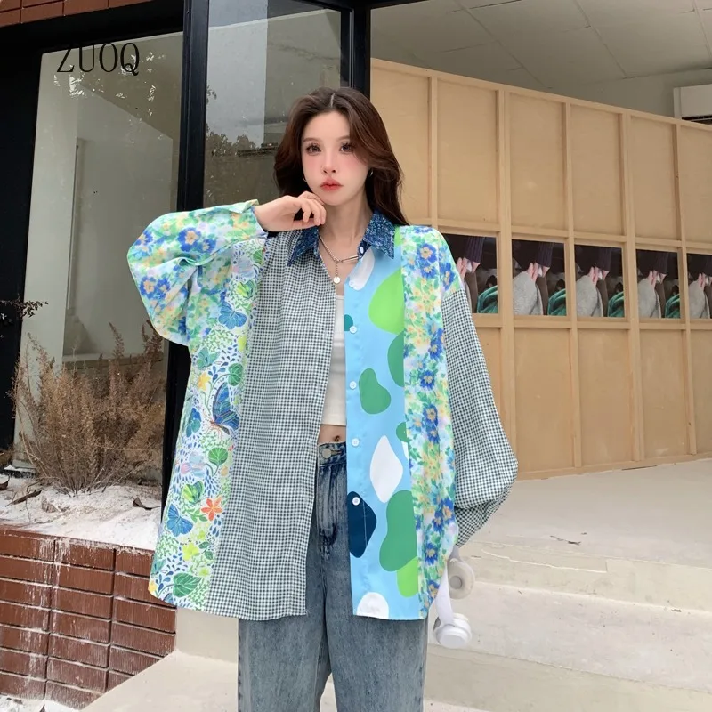 

Splicing Printed Shirts Woman Spring and Summer 2026 New Casual High Street Blouse Long Sleeve Loose Tops Women