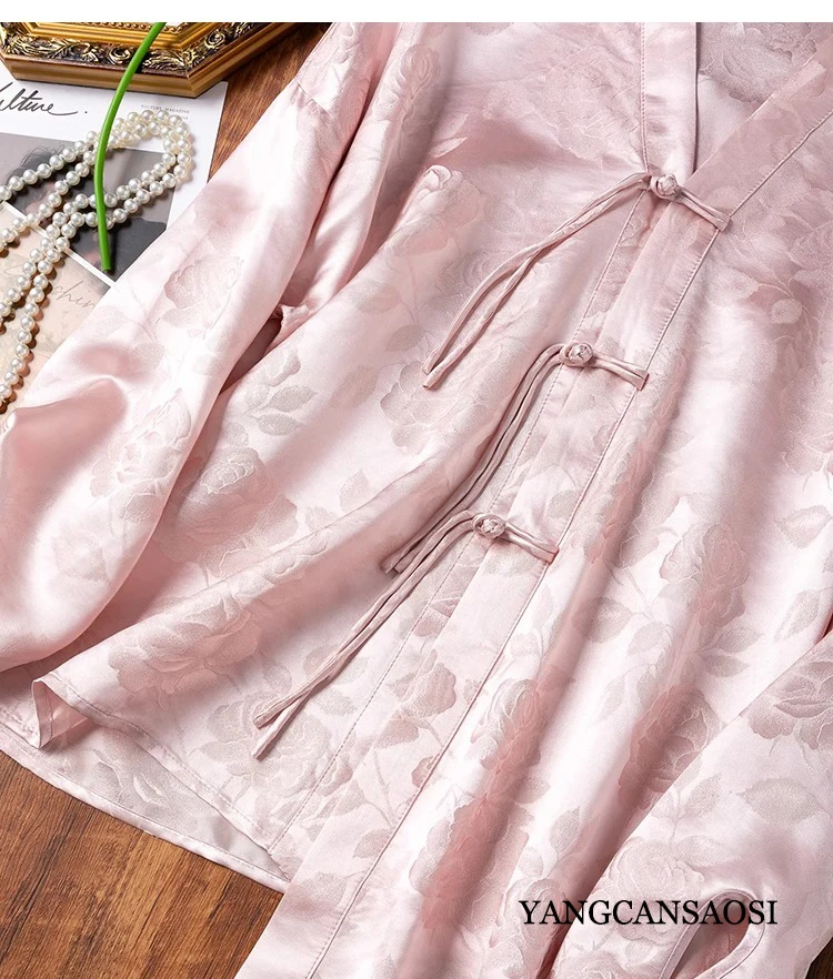 32MM Heavyweight 100% Natural Mulberry Silk Jacquard Satin Pink V-neck Off Shoulder Sleeves Irregular Hem Women's Fashion Shirt