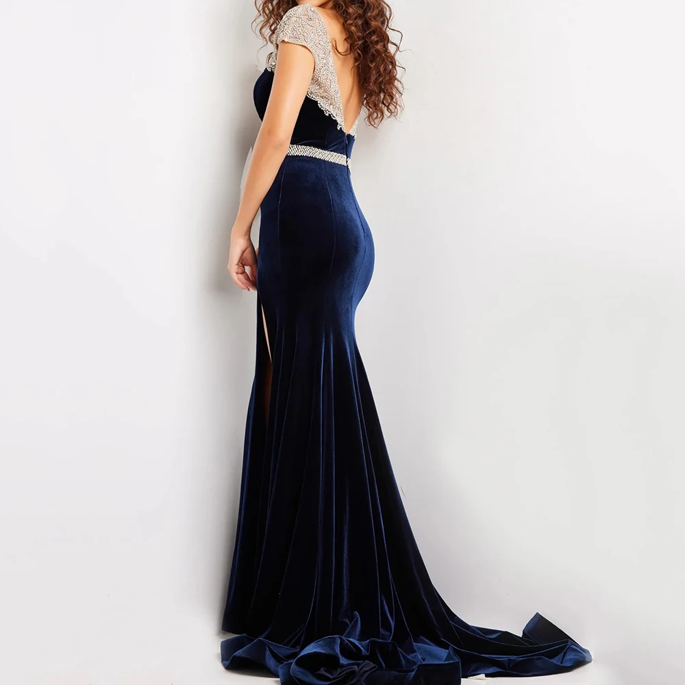 Vestidos de Noche de sirena para mujer, vestido de fiesta sin mangas con cuello en V hasta el suelo, vestidos personalizados con espalda descubierta y abertura lateral de cristal a la moda