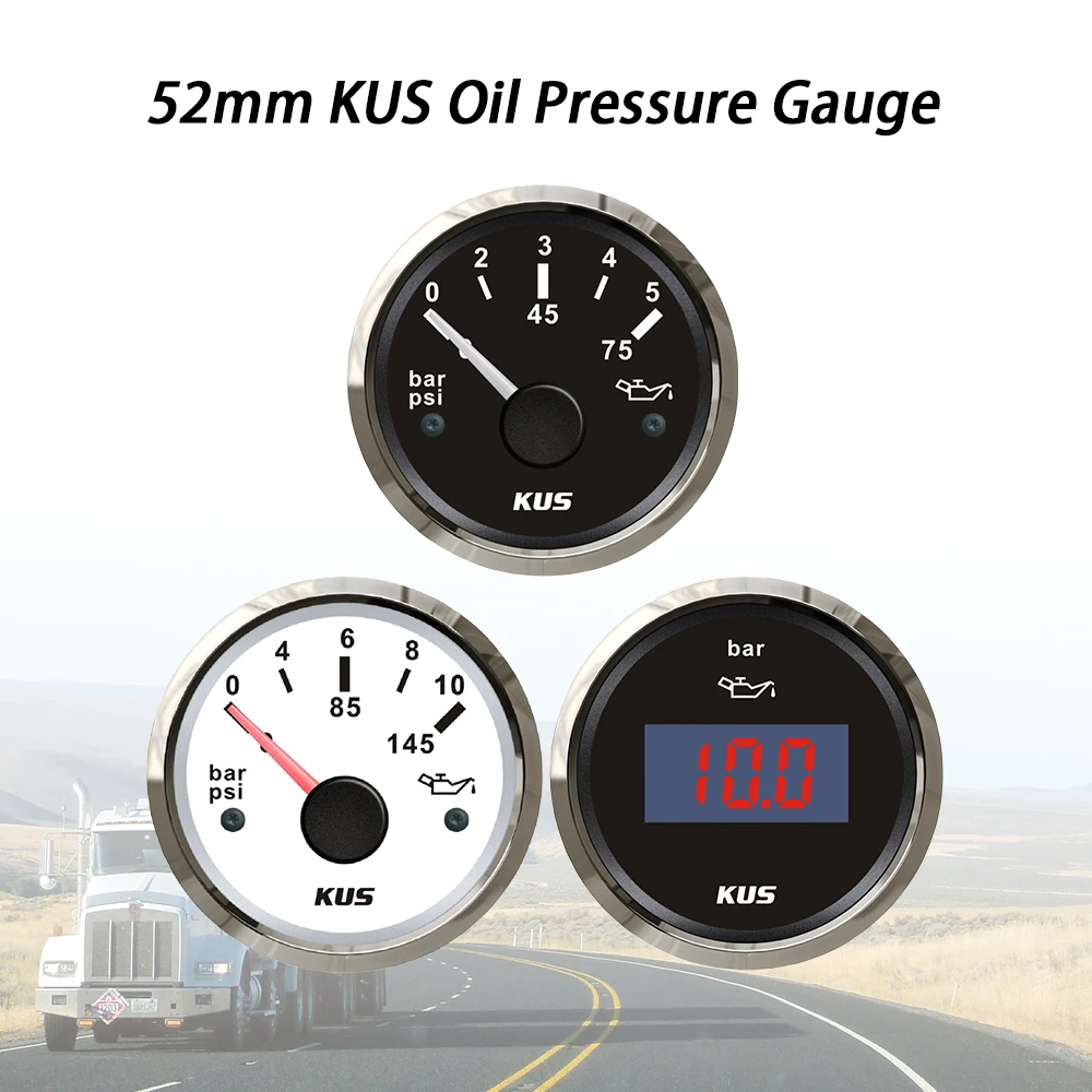KUS 52MM Oil Fuel Pressure Gauge Meter 0-5Bar 0-75PSI 0-10Bar 0-145PSI With Backlight 12V 24V for Car SUV Forklift Tractors