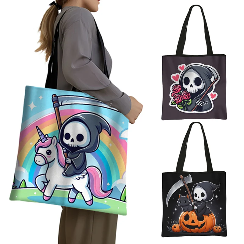 Cute Grim Reaper Print Shopping Bags Kawaii Death Skull Black Cat Women Handbag Large Capacity Storage Bag Shopper Bags Tote Bag