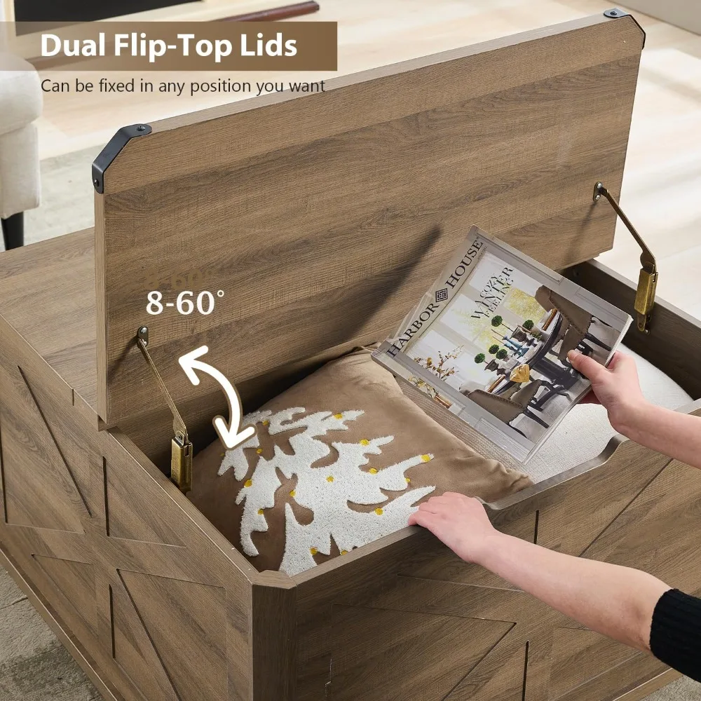 Rustic Modern Farmhouse Coffee Table - Large Square Storage, Flip-Top Design