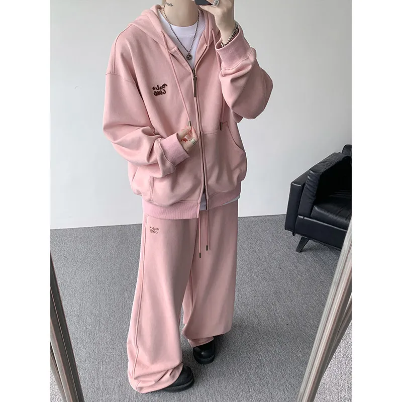 

Retro Thiened Pink Hoodie Set Loose Wide Leg Pants One Whole Set Matching Class orm for Teenagers M Fem
