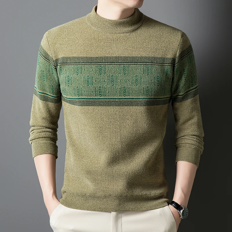 

BROWON Sweater Man 2025 Autumn Winter Warm Fleece Men Sweater O-neck Thick Stitching Color Knitting Elegant Man Clothes