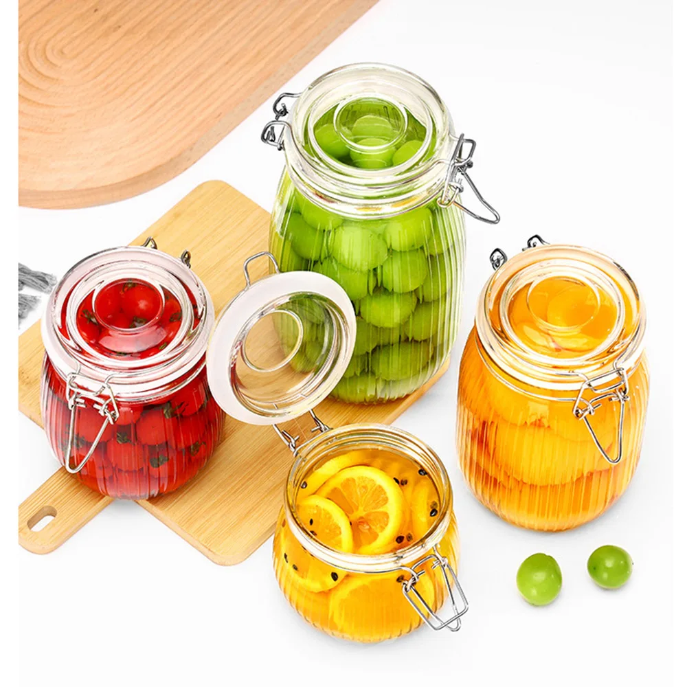 Glass jar 17oz, Glass Storage Containers with Lids, Glass Canister, Small Striped Clip Fastening Jar for Kitchen, Oats, Pickle