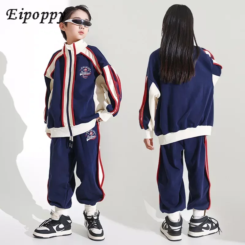 男の子と女の子のための競合ダンスコスチューム、コートとパンツ、ジャズ社交ダンス服、ストリートウェア、ヒップホップ