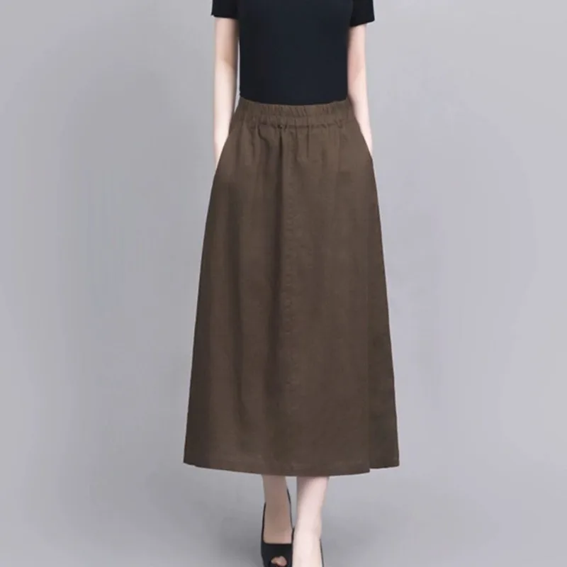 

Женская коричневая юбка макси из льняной смеси с высокой талией, А-силуэт, повседневная, свободного кроя, с карманами