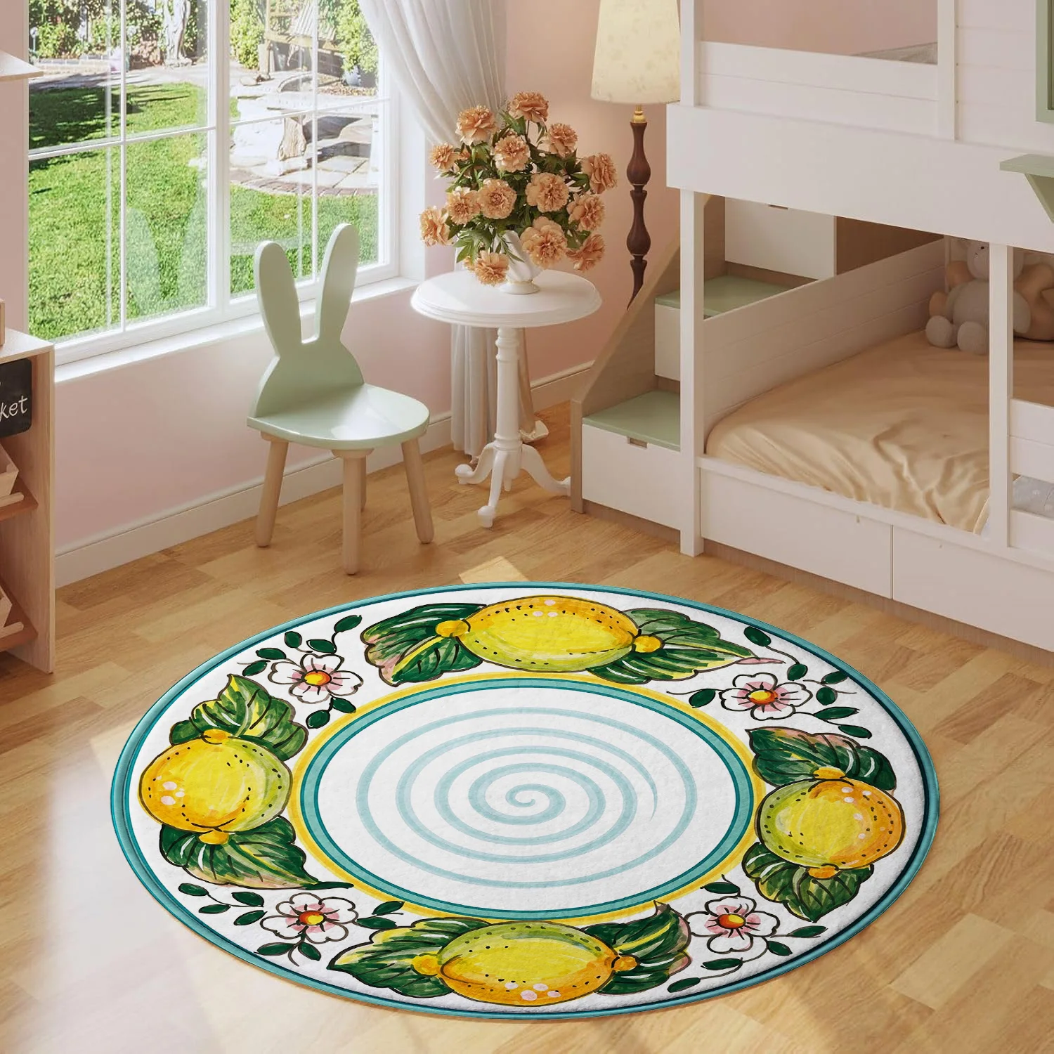 Mediterranean Yellow Lemon Fruit Green Leaf Blossom Pattern Holiday Luxury Round Mat Elegant Area Rug Home Decor