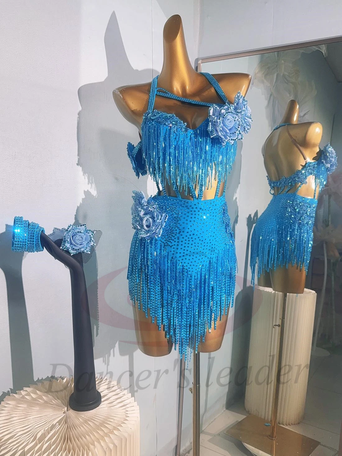 Latin Dancer, Adult, And Children'S High-End Custom Blue Handmade Flower Cha Cha Tango Rhinestone Performance Dress