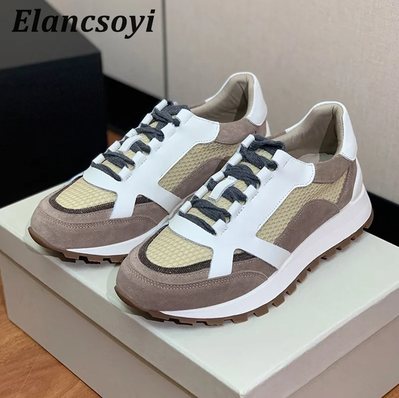 Sneakers Women String Bead Lace Up Breathable Flat Shoes Spring Autumn Thick Sole Daddy Shoes Mixed Color Patchwork Casual Shoes