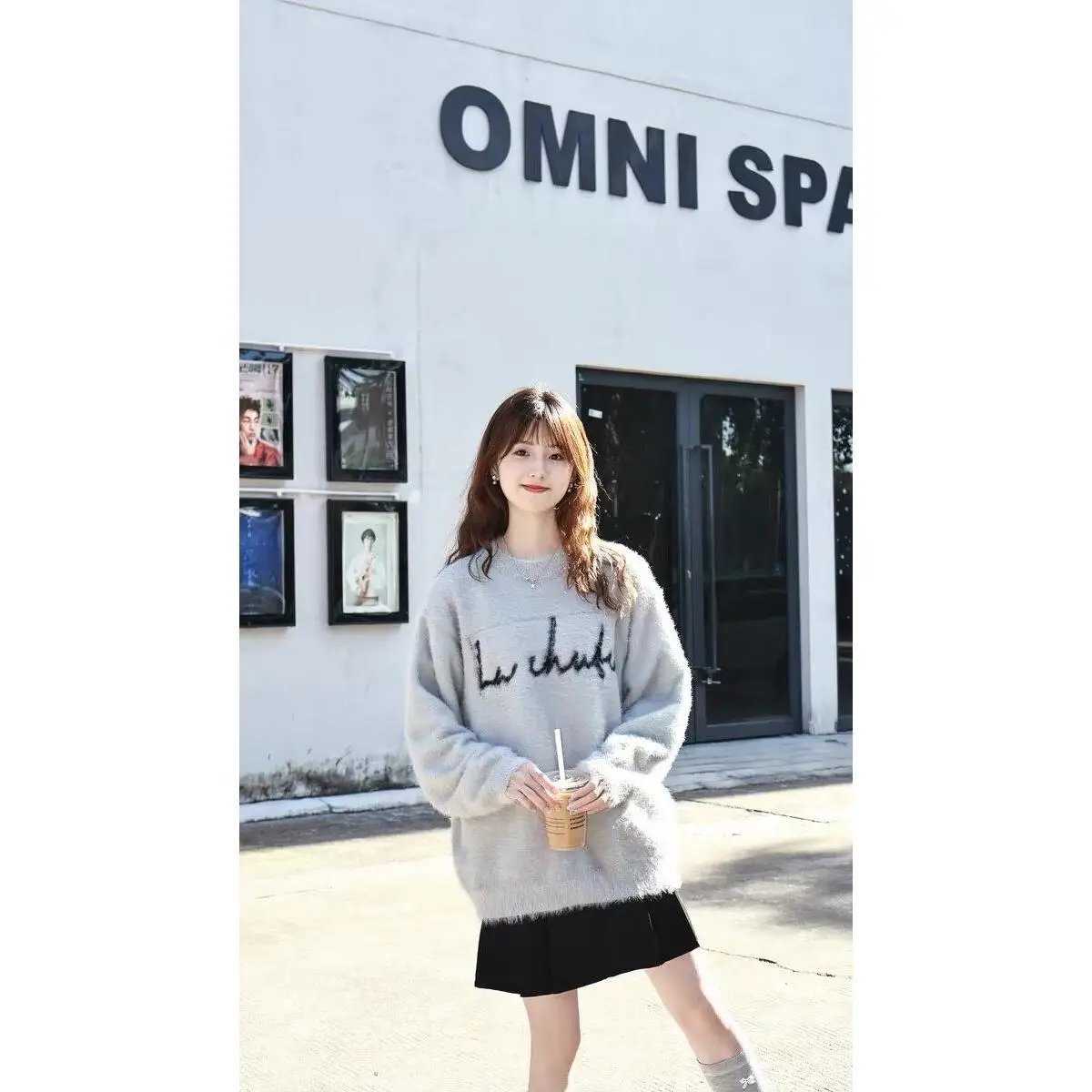 

Laid-ba Light ey Camere Couple Sweaters Loose Lettering ex Long Sve round Ne Casual Knitted Wear for Teens