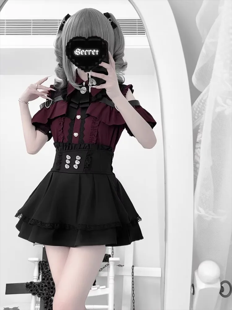 Sweet Gothic Lolita Short‑Sleeve Blouse Cold Shoulder Cut‑Out Lace Ruffle Satin Bow Jewel Buttons Inner Top