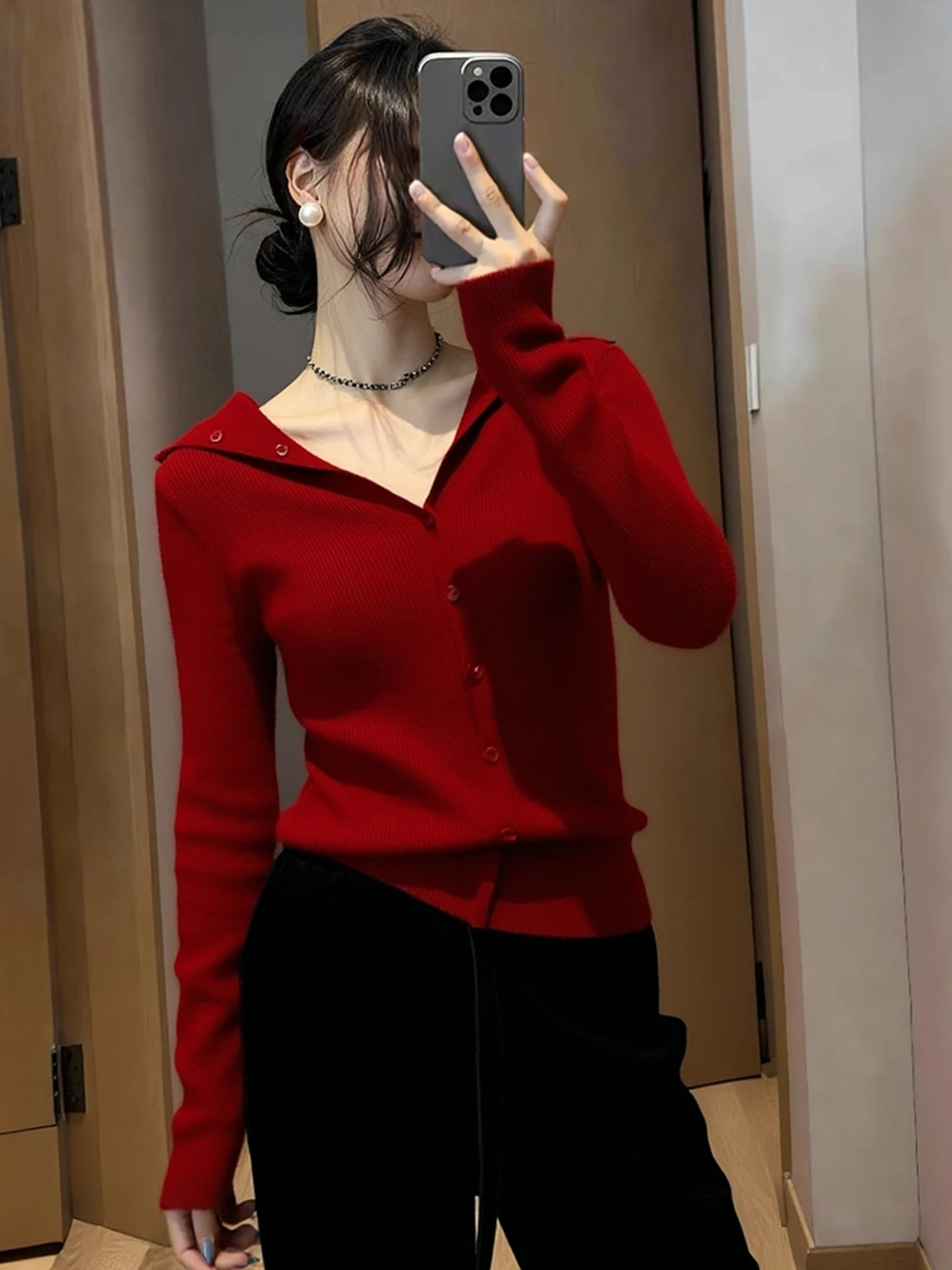 

Красный вязаный открытый кардиган с v-образным вырезом, приталенное модное универсальное верхнее пальто на Новый год, осень-зима, Новое поступление, женская одежда