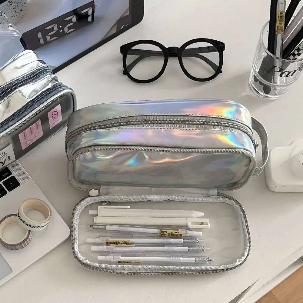 Grande Capacidade Silver Pencil Case, Itabag Cosmetic Bag, Transparente Pencil Bag, Organizador Case, Storage Bag, Zipper Stationery Bag