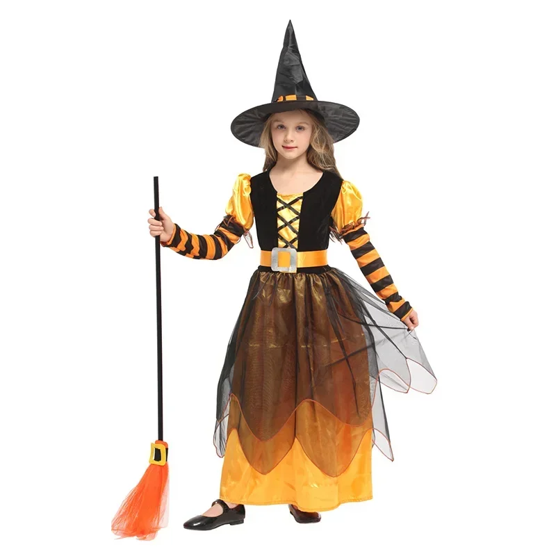 Halloween Mädchen Hexenkostüm Kinder Hexe Langes Kleid mit Hut Kleidung für Kinder Cosplay Party