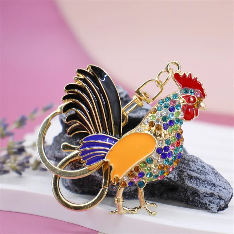 Crystal Floral Chicken Rooster Key Chains Ring Keychains Animal Jewelry For Women Girls Bag Car Charms Gifts