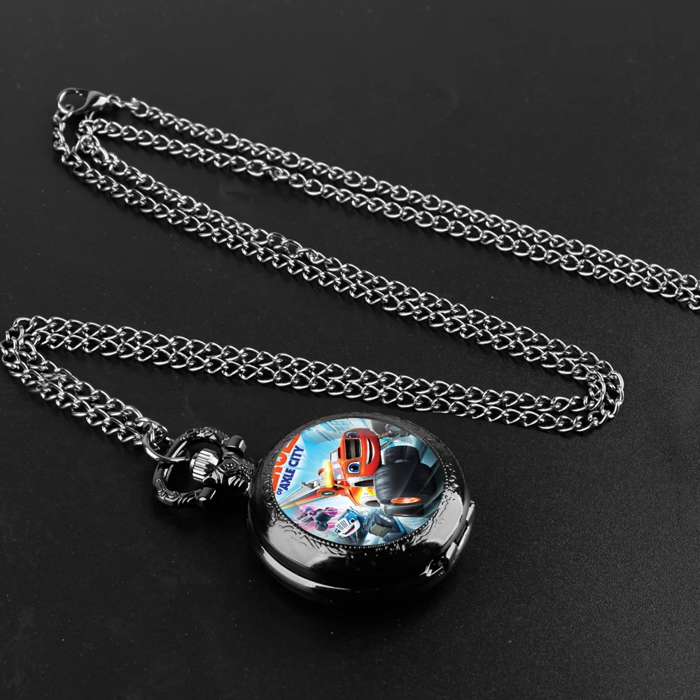 Cartoon Car Glass Dome Black Quartz Pocket Watch with Arabic Numerals Dial and Durable Chain Gift for Men Women