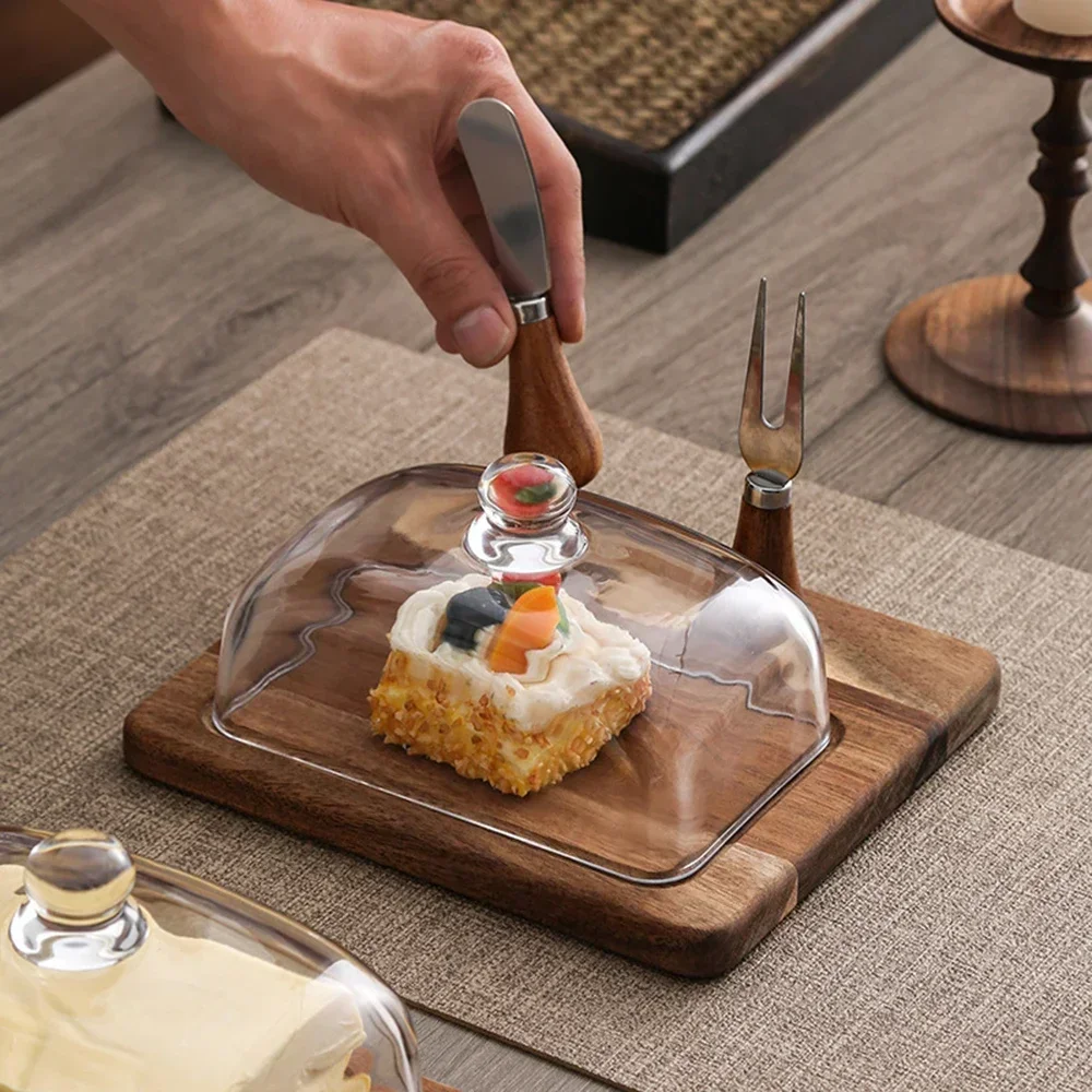 

Деревянная коробка для масла в стиле ретро с ножом и вилкой, коробки для хранения с прозрачной стеклянной крышкой, лоток для хранения сыра, масла, чизкейка, десертной тарелки J0H