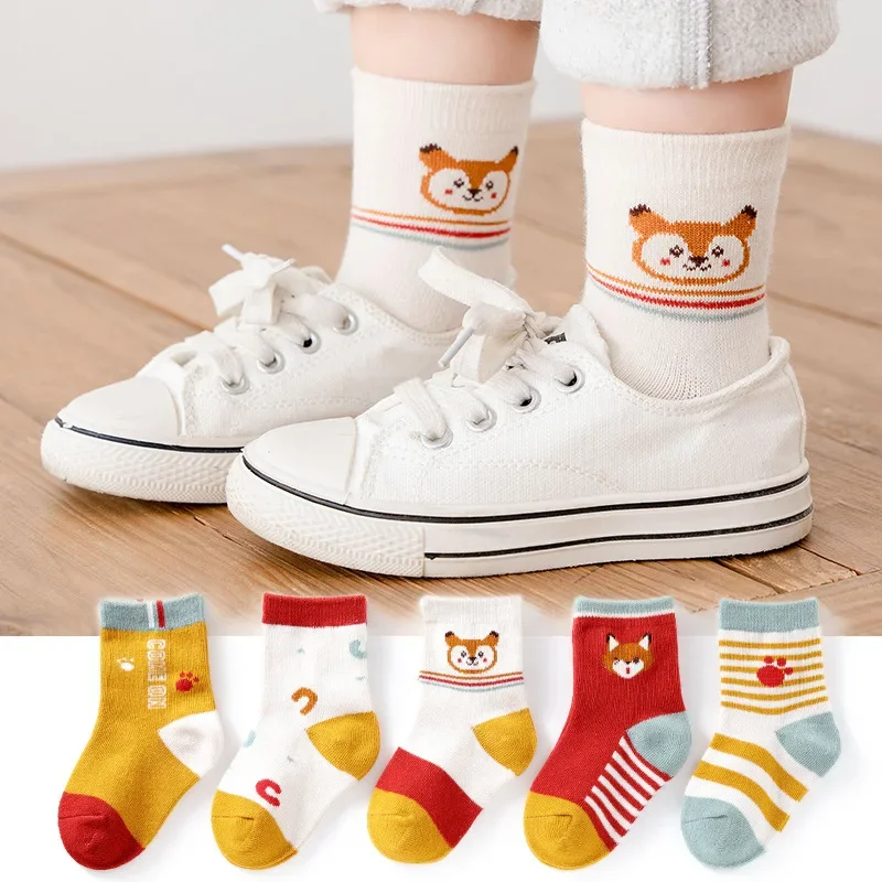 Cute Stripe Cartoon Knit Socks para crianças, meias quentes para meninas e meninos, meias infantis flor de bebê, meias curtas florais de 1 a 12 anos, 5 pares