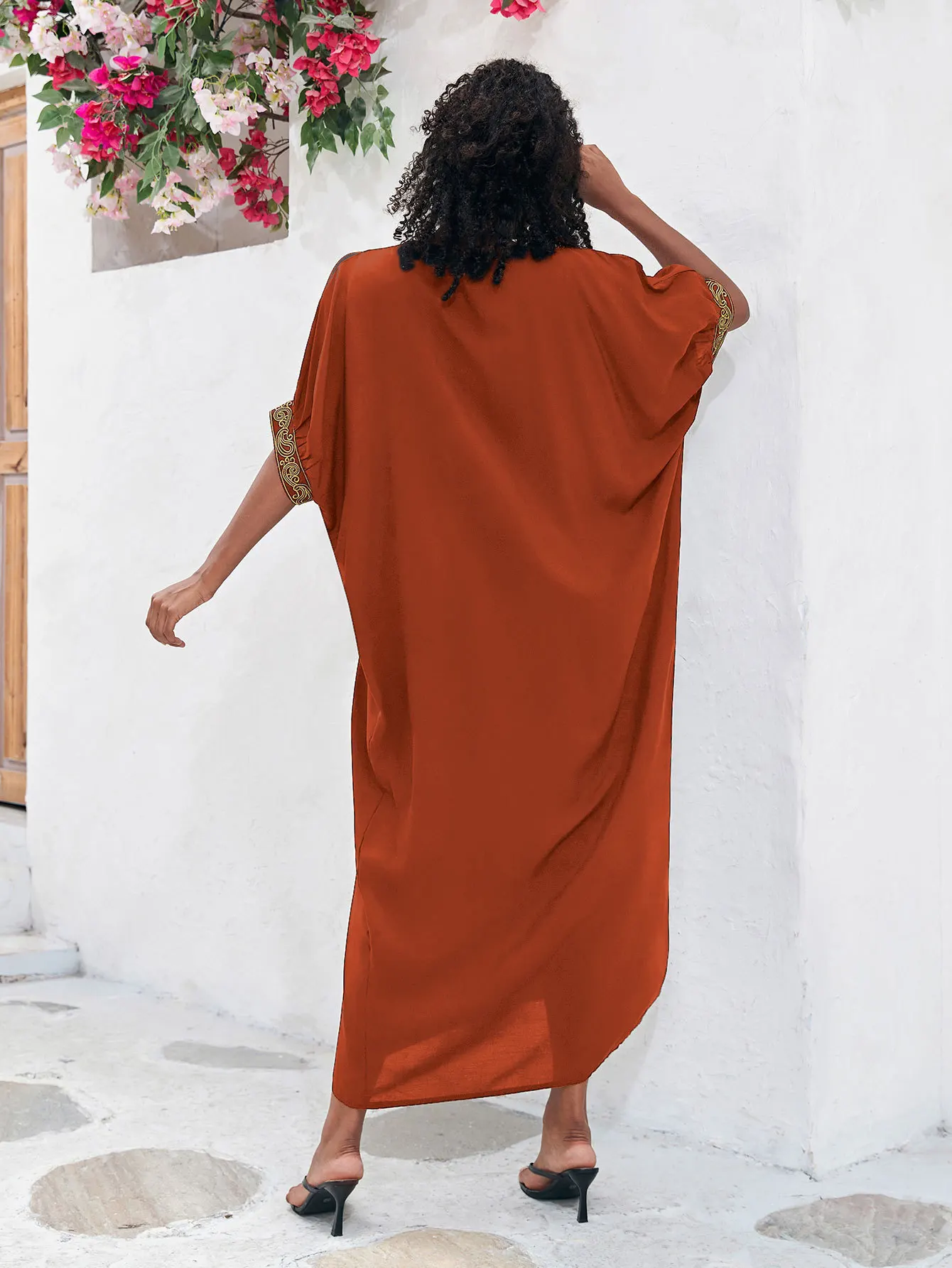 여성용 루즈 자수 비치 원피스 수영복, 비키니 커버업, V넥 반팔 카프탄 로브, 캐주얼 비치웨어, 탑 커버업