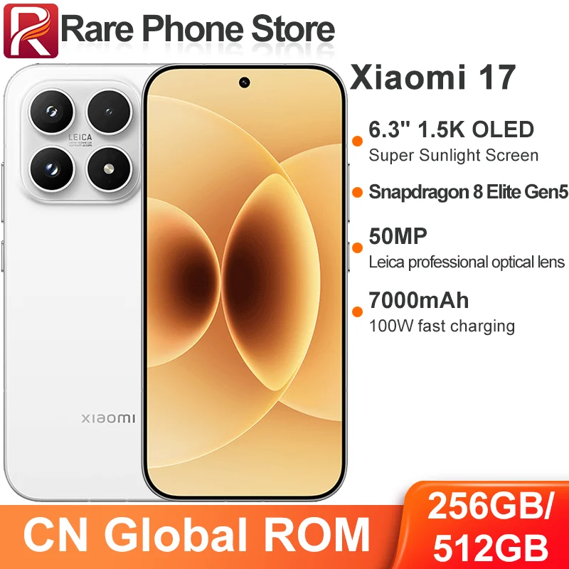 Глобальная версия Xiaomi 17 256 ГБ/512 ГБ, 6.3-дюймовый OLED-экран 1.5K, процессор Snapdragon 8 Elite Gen 5, камера 50 МП+50 МП, зарядка 100 Вт, аккумулятор 7000 мАч