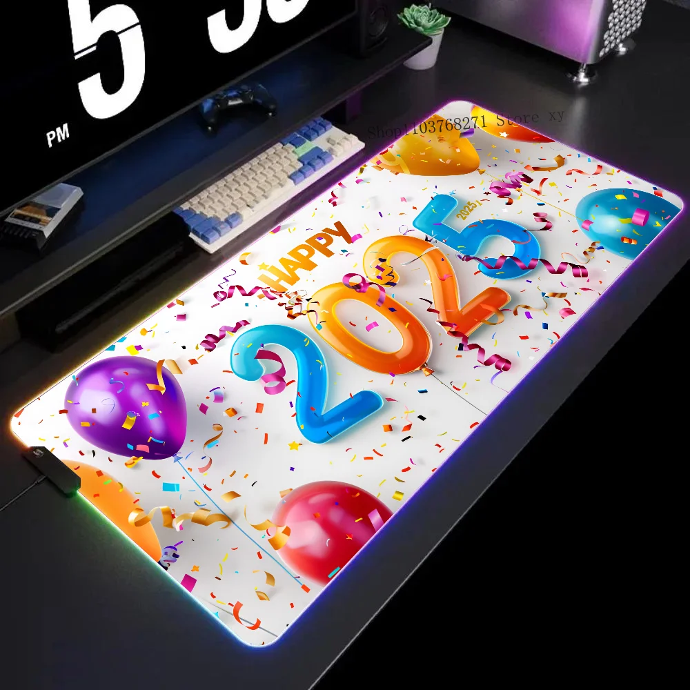 

Happy 2025 Festive Season Mousepad XXL RGB Gaming Mouse Pads HD Black Gamer Accessories Large LED